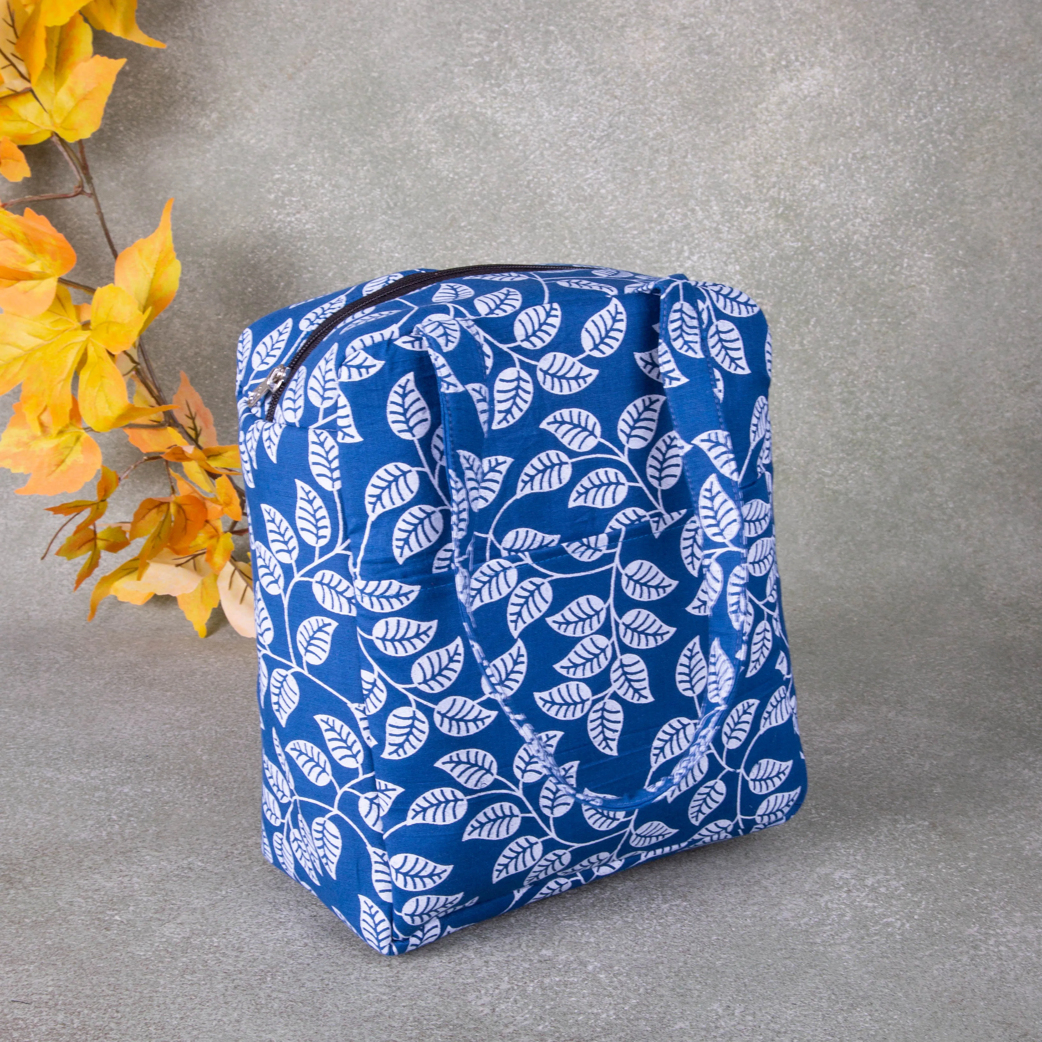 Water Proof Cotton Lunch Bag Blue Colour with white Leaf Design.