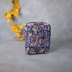 Water Proof Cotton Lunch Bag Blue with Mustered Flower Design.